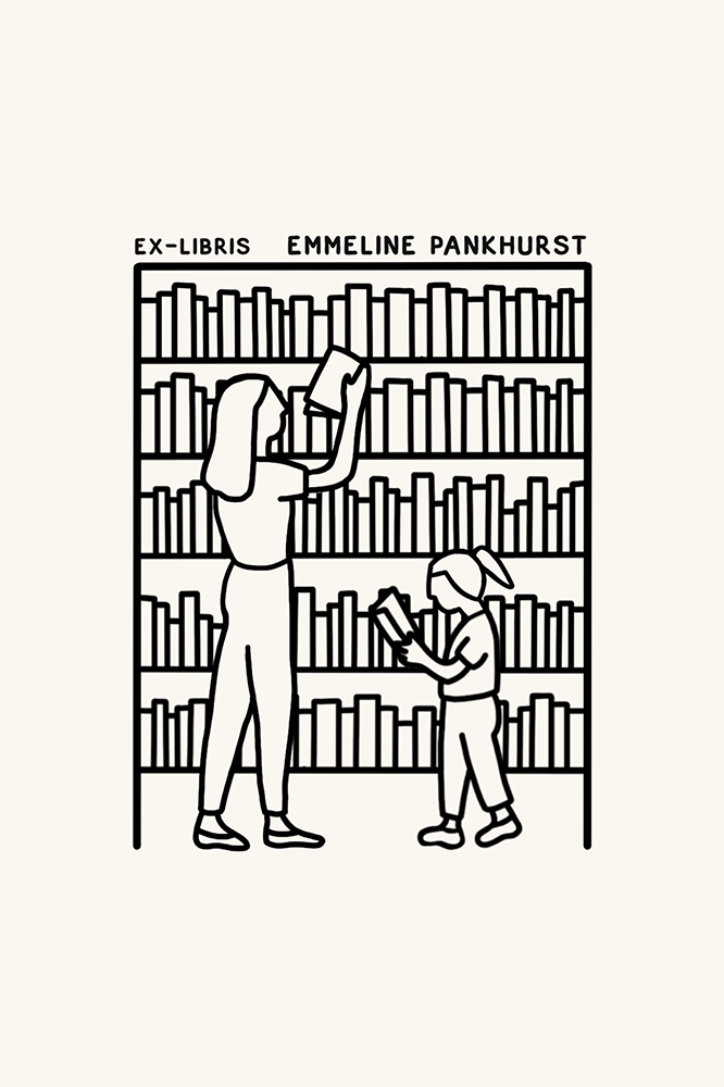 Dibujo de una mujer y una niña cogiendo libros de una biblioteca