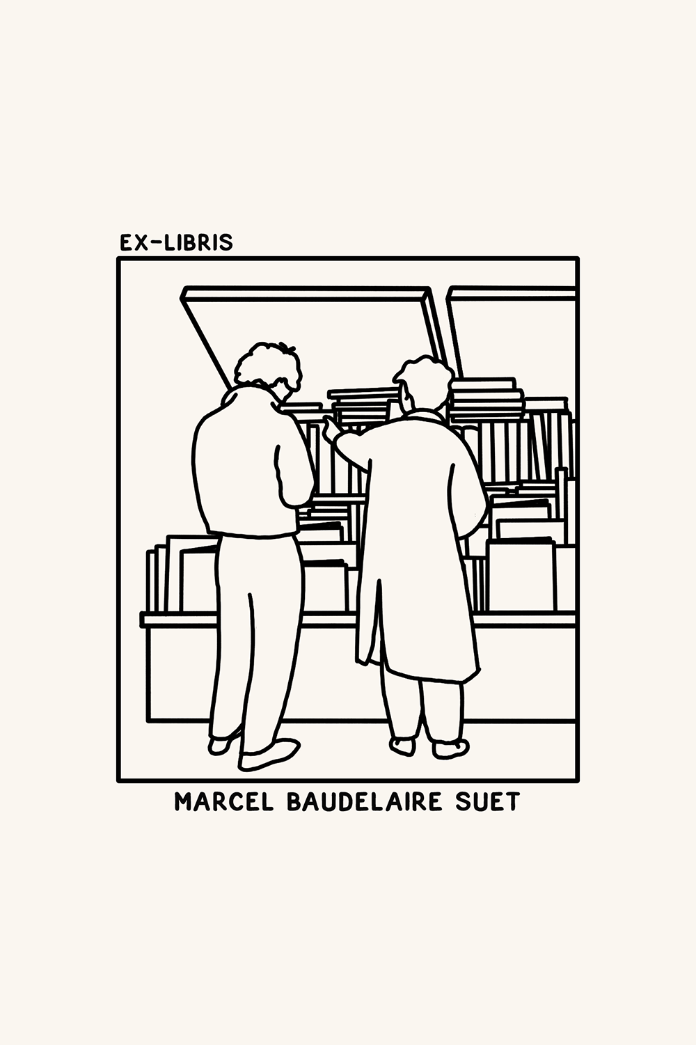 Dibujo de dos personas mirando los libros en los bouquinistes de París