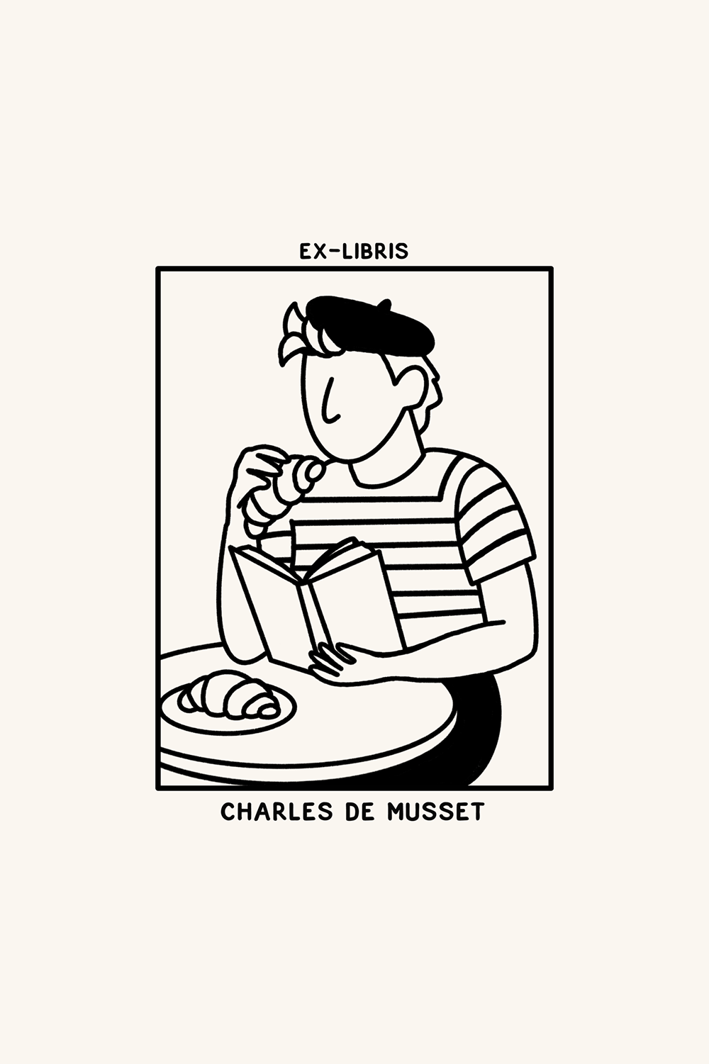 Dibujo de una persona comiendo croissants y leyendo un libro en una terraza de bar parisino