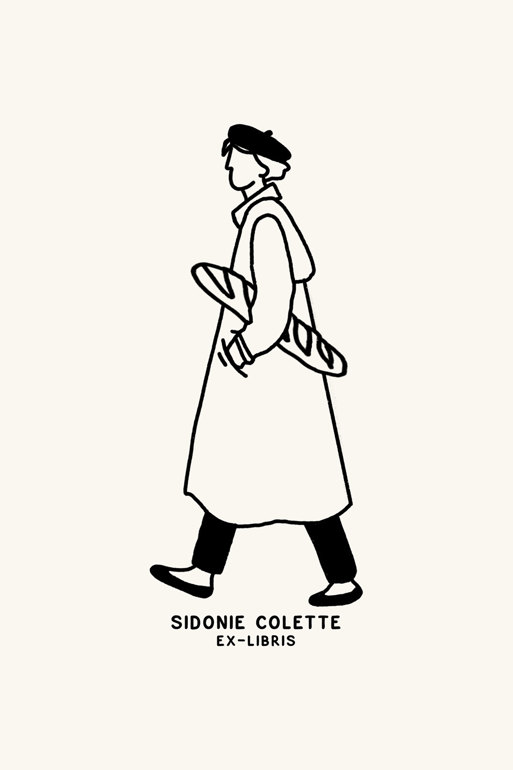 Dibujo de una persona paseando con una baguette bajo el brazo