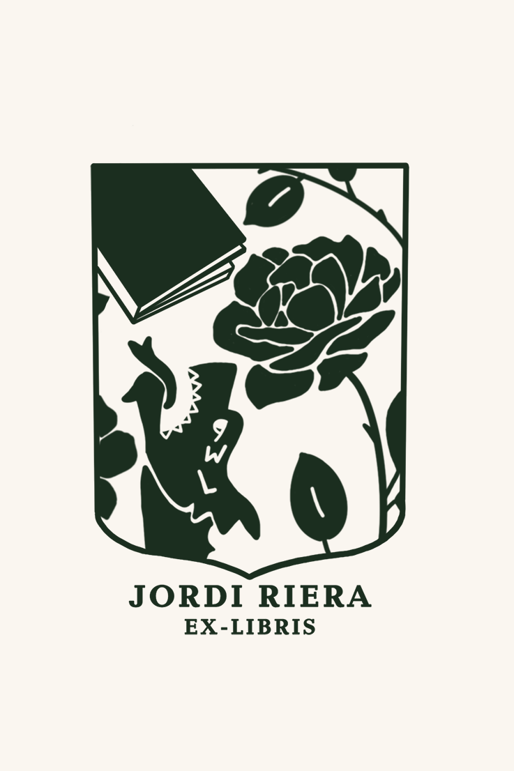 Dibujo de un escudo con una rosa, un libro y un dragón